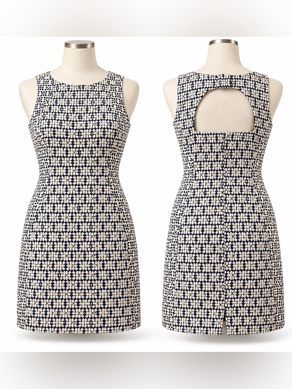 Banana Republic 4P Navy Ivory Geometric Jacquard Cutout Back Sheath Dress